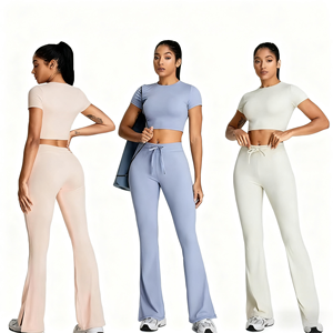 Nouvel ensemble de yoga 2 pièces pour femme, automne-hiver, asymétrique, coupe ajustée, manches longues, couleur unie, antibactérien, avec pantalon large légèrement évasé - Product Image 4