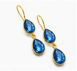 Pendientes Colgantes de Cuarzo Azul en Forma de Lágrima, Plata de Ley 925, Chapados en Oro |   Pendientes de cuarzo azul con forma de pera facetada |   Regalo Hecho a Mano - Product Image 1