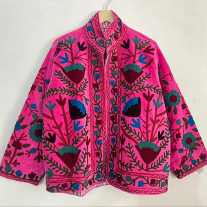 Floral Suzani <b>Velvet</b> Embroidered Boho <b>Jacket</b> <b>Women</b> Navy Blue Ethnic Short Coat Winter Autumn Wear - Product Image 1