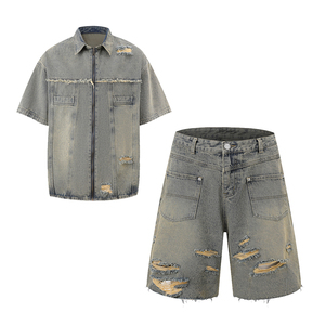 Conjunto de camisa y pantalones cortos de mezclilla para hombre, informal, de verano, desgastado, de algodón, de dos piezas, con cuello vuelto - Product Image 5