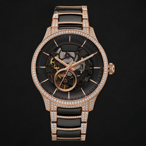 Rose Gold <b>Black</b> Skeleton Dial Crystal Set <b>Watch</b> With Open Movement Display Elegant Sparkling Bezel And Modern Fashion Style - Product Image 1