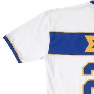 Camiseta Deportiva Premium SGRho Blanca, Azul Rey y Dorado, Manga Corta, Número 22, Diseño Gráfico a Rayas, para Sororidad, Universidad, Equipo Casual - Product Image 4
