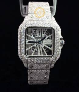 นาฬิกาข้อมือผู้ชาย หน้าปัดสี่เหลี่ยมแบบ Iced Out เครื่องกลไก ETA สไตล์วินเทจ ตัวเลขโรมัน สายสแตนเลสประดับโมอิสซาไนต์ หน้าปัดคริสตัล - Product Image 1