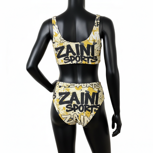 ชุดว่ายน้ำวันพีซสำหรับผู้หญิง ผ้าโพลีเอสเตอร์ผสมสแปนเด็กซ์ ยืดหยุ่นได้ สีเบจทอง พิมพ์ลายโลโก้ทั่วตัว ชุดชายหาดสำหรับผู้หญิง - Product Image 2