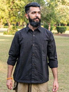 Artisanal <b>Men</b>’s Black Handloom Cotton Shirt Full Sleeve Eco-Friendly Breathable Casual Wear Button-Down <b>Kurta</b> Style Top - Product Image 1