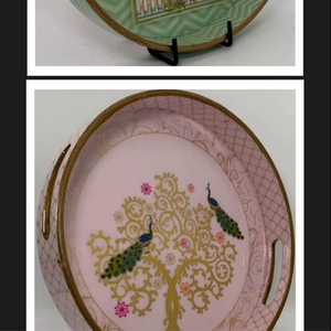 12 Inches Round <b>Black</b> Walnut Wood Ottoman <b>Tray</b> Wooden Decorative Round <b>Serving</b> <b>Tray</b> with Handles - Product Image 1