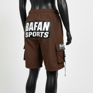 Shorts de bain pour femmes en polyester et élasthanne de haute qualité, couleur café, avec poche cargo, impression sérigraphique et logo brodé. - Product Image 5