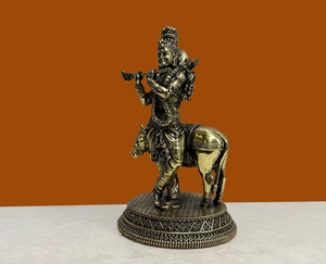 Traditional Brass Krishna Playing Flute <b>Statue</b> Cow Handmade Religious Figurine Nirmala Handicrafts Rajasthan for Home - Product Image 1