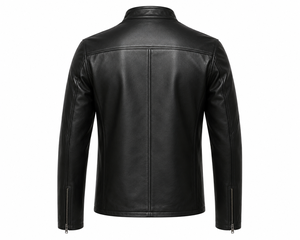 Veste en cuir véritable noire pour homme de haute qualité, coupe ajustée, col montant, fermeture éclair, style motard, pour l'automne - Product Image 3