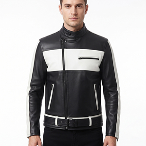 Veste en cuir pour homme, zippée, veste de motard en cuir sur mesure, haute qualité, manches longues avec poches latérales. - Product Image 6