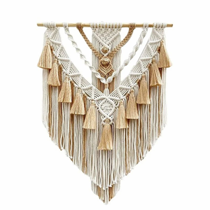 Tapisserie murale en macramé style bohème, en corde de coton, avec pompons géométriques, décoration murale pour chambre à coucher, salon, chambre d'enfant, 18 x 30 pouces, beige - Product Image 1