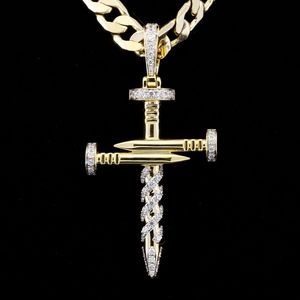 Collier pendentif croix poignard plaqué or avec micro-pavé CZ, chaîne à maillons, bijoux hip-hop, cadeau - Product Image 2