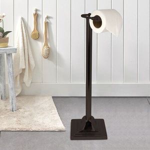 Porte-papier toilette sur pied en fer avec étagère supérieure en bois pour le rangement de la salle de bain et une touche décorative - Product Image 4