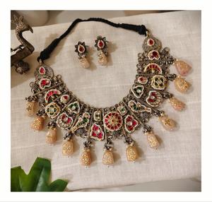 Ethnic Floral Pattern <b>Indian</b> <b>Necklace</b> & Earrings <b>Set</b> Antique Gold Plated Imitation Pearl Wedding Jewelry for Women - Product Image 2