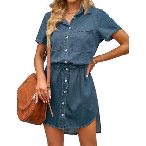 2025 Vestido vaquero Midi informal para mujer, clásica Camisa vaquera de manga corta con lazo en la cintura con decoración de botones, lavado ligero para el verano - Product Image 4
