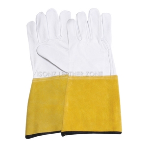 Gants de sécurité en cuir blanc avec revers jaunes, protection des mains pour le soudage TIG, paume renforcée, mitaines de soudage en cuir - Product Image 1