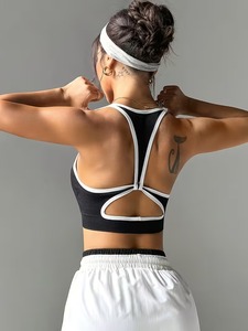 Sujetador deportivo para mujer con ribete en contraste, sin costuras, acanalado, top corto de gimnasio, con corte en T en la espalda y recortes, bralette para entrenamiento y yoga - Product Image 4