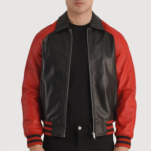 Men's Black <b>Red</b> Color Block Genuine Leather Eco-Friendly Winter Bomber <b>Jacket</b> Breathable <b>Waterproof</b> Windproof Moto Biker Style - Product Image 3