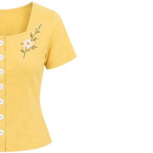 Yellow Women <b>Two</b> <b>Piece</b> Shorts <b>Set</b> Square Neck Button Crop Top Floral Embroidery Casual Summer Cotton <b>Lounge</b> Wear Custom Outfit - Product Image 4