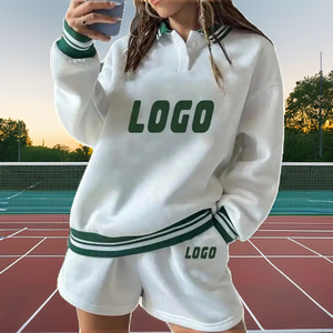 Women <b>2</b> <b>Piece</b> Shorts <b>Set</b> <b>White</b> Green Logo Print Sailor Collar Fleece Sporty Loose Fit Spring Summer Casual Wear - Product Image 2