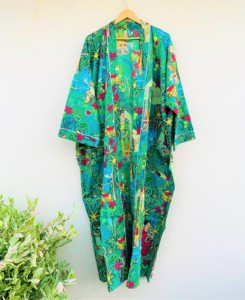 Robe kimono à imprimé tropical pour femmes, manches trois quarts, coupe ample, à nouer, robe d'été décontractée mi-longue - Product Image 4