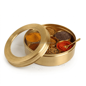 Boîte à masala en laiton avec couvercle en verre transparent – Ensemble de rangement pour épices à 7 compartiments - Product Image 1