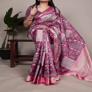 VASTRA COTTAGE Sari de Seda Tasar con Borde de Viscosa Estampado y Blusa sin Coser, Elegante Prenda Étnica Tradicional para Mujer - Product Image 4
