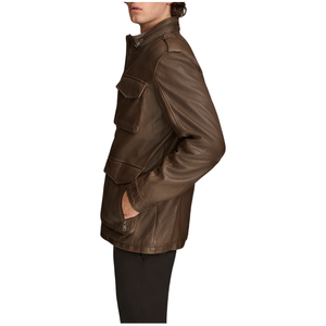 Men's Premium Sheepskin <b>Leather</b> <b>Long</b> Four-Pocket Safari Field <b>Jacket</b> Zipper Stand Collar Autumn Season XS Size Waterproof - Product Image 4