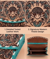 Dompet Pendek Kulit Asli Vintage Gaya Barat dengan Desain Bunga Timbul dan Penutup Kancing untuk Penggunaan Sehari-hari dan Malam Hari