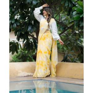Sari en mousseline jaune citron imprimé numériquement, léger, style bohème, pour fêtes, mariages, plage, cérémonies, ethnique indien, pour femme, de créateur - Product Image 4