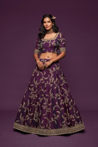 Purple Embroidered Bridesmaid <b>Lehenga</b> Set Art Silk Choli Dupatta Floor-Length A-Line Wedding Festival Outfit - Product Image 4