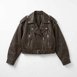 Chaqueta de moto OEM para mujer, color marrón, de piel sintética, con cuello vuelto, cierre de cremallera, estilo biker corto, hecha en Pakistán. - Product Image 3