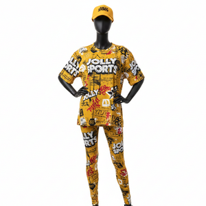 Ensemble de leggings en coton doux de haute qualité 200 GSM, extensible avec élasthanne, couleur jaune moutarde, logo imprimé par sublimation graffiti, pour femmes - Product Image 6