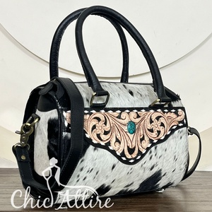 Luxury 2026 Cowhide <b>Medium</b> Speedy Bag Tooled Leather Western Turquoise Stone <b>Handbag</b> with Shoulder & Crossbody Travel Duffel Bag - Product Image 1