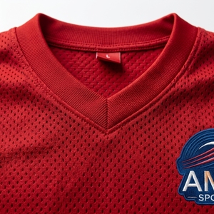 T-shirt unisexe rouge à col en V, manches trois quarts, en polyester anti-humidité, coupe classique pour adulte, couleur unie - Product Image 6