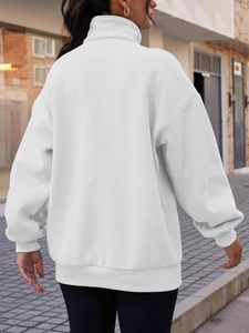 <b>Women</b> Oversized <b>Quarter</b> <b>Zip</b> <b>Sweatshirt</b> Solid Color Full Sleeve Stand Collar Knitted Cotton Blend Breathable Autumn Wear - Product Image 3