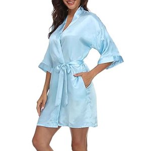 Wholesale Plain Satin Polyester Women's <b>Robes</b> Kimono Bathrobe V-neck Party <b>Beach</b> Bridal Bridesmaid Wedding Sleepwear Custom Logo - Product Image 2
