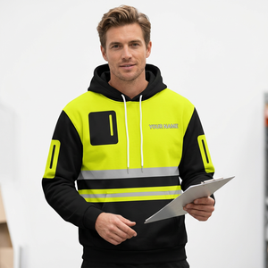Sweat à capuche ODM haute visibilité réfléchissant pour homme, coloris noir et jaune, en polaire, pour l'automne, vêtement de travail, impression de nom personnalisée - Product Image 1