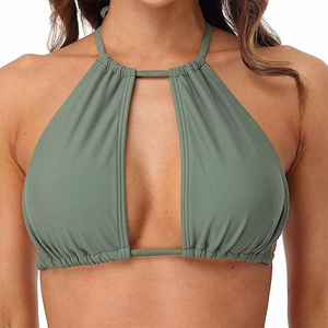 Women Halter Neck Bikini Set Solid Color Keyhole Top <b>Tie</b> <b>Back</b> High Cut Bottom Two Piece Swimwear Beachwear Wholesale - Product Image 6