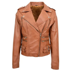 Chaqueta de cuero sintético para mujer, estilo motociclista, cuello alto, cremallera, color marrón claro, para invierno - Product Image 6