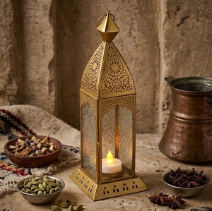 Gold Polished Brass Metal Moroccan <b>Tall</b> Square Candle <b>Lantern</b> Perforated Cutout Steeple Roof Embossed Textured Glass - Product Image 2