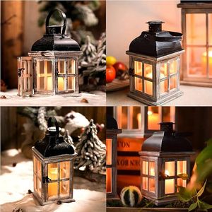 Rustic Wooden <b>Lantern</b> Candle Holder Vintage Farmhouse Decorative Tabletop <b>Lantern</b> with Glass Panels - Product Image 2