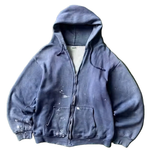 Sweat-shirt à capuche zippé oversize pour homme, effet usé, couleur unie, en coton French Terry, décontracté, pour l'automne, rouge, vert, bleu marine - Product Image 2