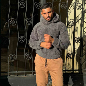 Conjunto Deportivo de Otoño para Hombre, Sudadera con Capucha de Sherpa, Pantalones Color Bronceado, Estilo Urbano, Ecológico, Gris Sólido, 2 Piezas - Product Image 3