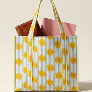 Quilted Sunflower Print Portable Tote <b>Bag</b> with Open Closure Cotton <b>Material</b> for Beach Travel & Daily Use - Product Image 1