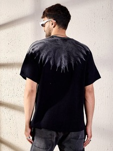 Men's Black Short Sleeve T-<b>Shirt</b> With Embroidered Rhinestone <b>Flame</b> Pattern O-Neck Street Style Regular Fit Knitted Cotton Top - Product Image 4