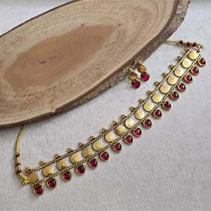 <b>Ruby</b> Kerala Pearl Small Choker <b>Necklace</b> 14K-24K Gold Plated Brass Religious Style - Product Image 1