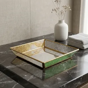 <b>Square</b> <b>Mirrored</b> Storage Tray With Metal Finish In Gold Coloured glass Modern Design For Table Use - Product Image 2