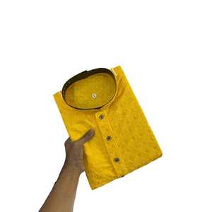 DESIGNER RAYON COTTON MACHINE BRODERIE TRAVAIL HOMME KURTA PAYJAMA JAUNE - Product Image 1