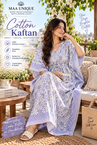 Caftán indio de algodón con estampado floral de lavanda y paisley para mujer, corte holgado y fluido con borde decorativo. - Product Image 6